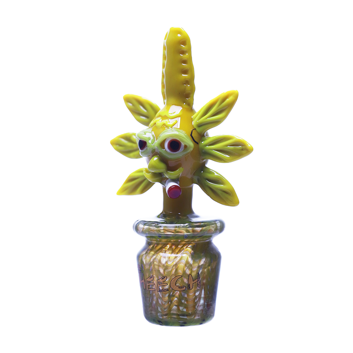 Trippy leaf creature puffing vibes
